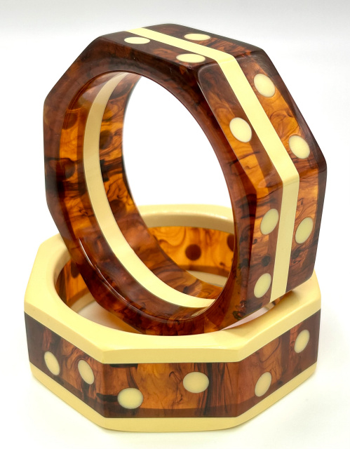 SZ22 Two Shultz octagon bangles in laminated custard and tortoise bakelite with custard dots
